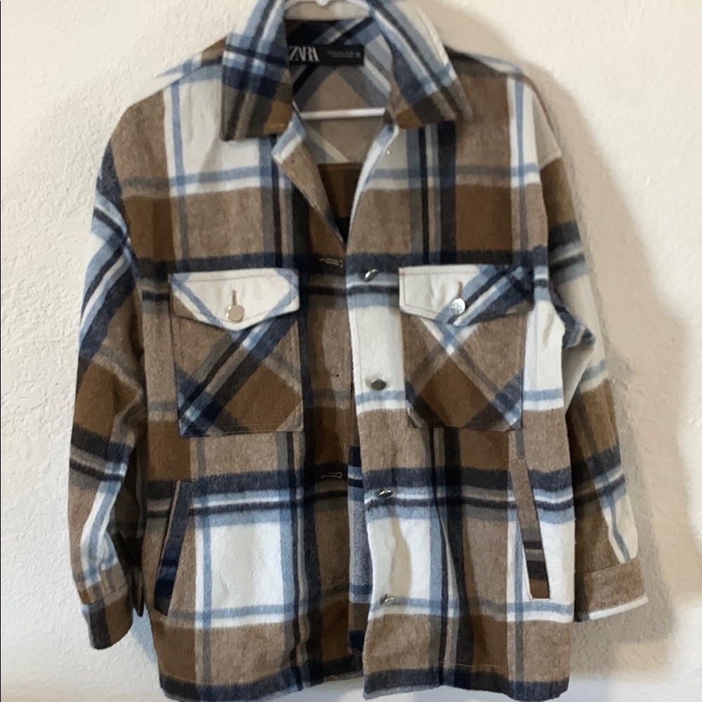 Zara Wool Blend Shacket Brown and Blue Shirt Jacket